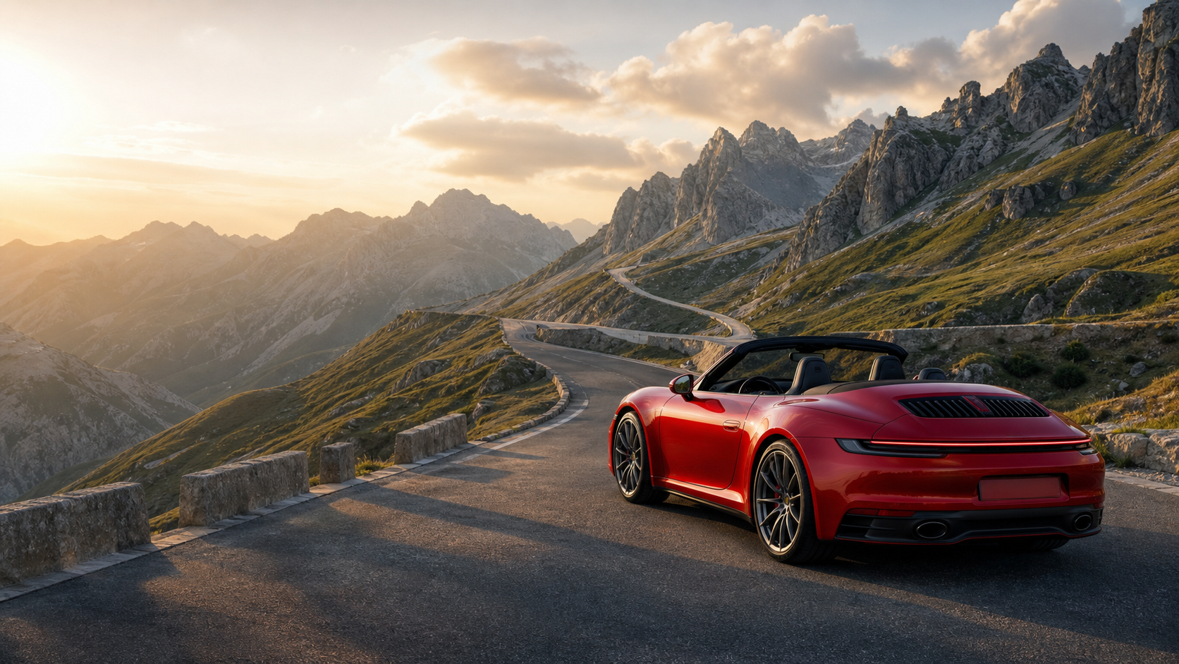 Roter Porsche 911 Cabriolet auf einer Passstraße im Abendlicht